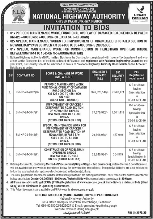 National Highway Authority Peshawar Tender Notice